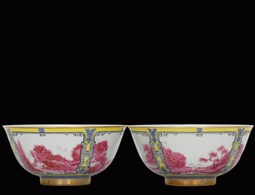 A Pair of Exquisite Enamel Painted Gold Yellow Ground Agate Red-Glazed Landscape and Flower Pattern