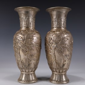 A Pair of Exquisite Silver-plated Flower and Bird Pattern Vases