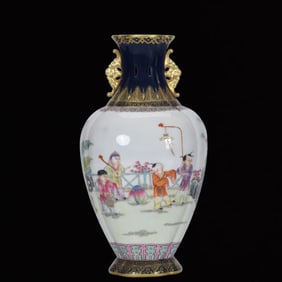 An Exquisite Enamel Ji Blue Glazed Painted Gold Figure Pattern Double-Ears Vase