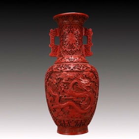 A Exquisite Carved Red Lacquer Lotus Pattern Dragon Pattern Double-Ears Vase