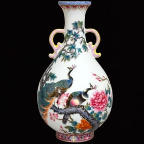 An Exquisite Famille-Rose Flower and Bird Pattern Painted Gold Double-Ears Vase,With Poem