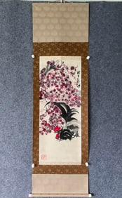 A Chinese Vertical Scroll Ink Painting of Flower and Rooster on Paper,Chen Dayu