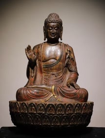 A Solemn Limestone Painted Color Statue of Sakyamuni