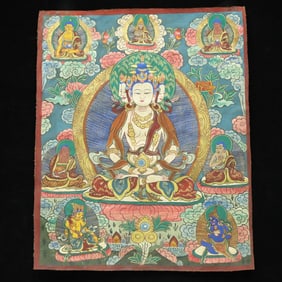 A Rare Brocade Painted Color Buddha Statue Tangka