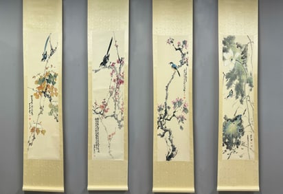 A Set of Chinese Vertical Scroll Ink Painting of Flower and Bird on Paper,Zhao Shao'ang