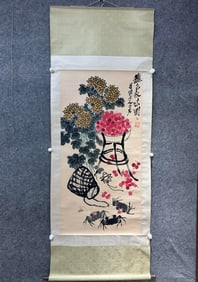 A Chinese Vertical Scroll Ink Painting of Flower and Fruit on Paper,Qi Baishi