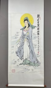 A Chinese Vertical Scroll Ink Painting of Avalokitesvara statue on Paper,Fan Zeng