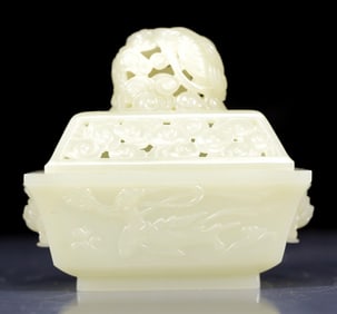 An Exquisite White Jade Figure Pattern Double-Ears Censer