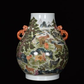 A Huge Enamel Sheep and Rabbit Pattern Double-Ears Vase