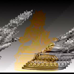 A solemn gilt bronze Vajra statue: solemn gilt-bronze Vajra statue Ming Dynasty, China. The Vajra's body is majestic and majestic, symbolizing strong will and invincible power. At the same time, his face is solemn, and his brows reveal