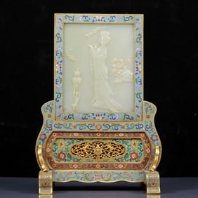 An Exquisite Cloisonne Inlaid White Jade Figure Pattern Table Screen