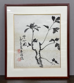 A Chinese Ink Painting of Flower on Paper With Frame,Huo Chunyang