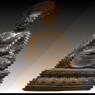 A Solemn Bronze Inlaid Silver Statue of Guru, With Inscription: A Solemn Bronze Inlaid Silver Statue of Guru, With Inscription,Qing Dynasty, China,Size:7.1inx5.5inx9.1in,Weight:3850g &#38108;&#23884;&#38134;&#19978;&#24072;&#20687;,&#24102;&#38125;&#25991;,&#20013