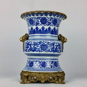 An Exquisite Blue and White Lotus Pattern Inlaid Bronze Beast Ears Vase