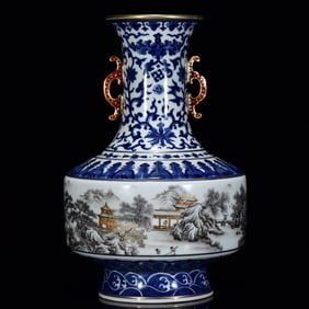 An Exquisite Blue and White Ink Color Landscape Pattern Painted Gold Double-Ears Vase