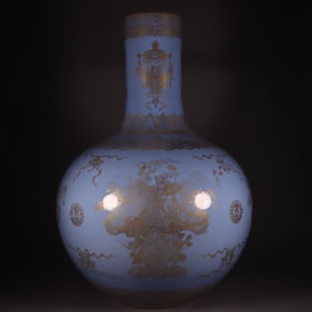 A Huge Sky Blue Glazed Painted Gold Eight Treasures Pattern Vase