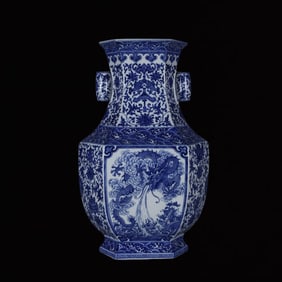 A Huge Blue and White Lotus and Dragon Pattern Double-Ears Vase
