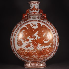 A Huge Iron-Red Painted Gold Dragon Pattern Double-Ears Vase