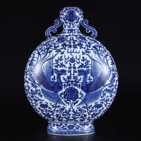 A Rare Blue and White Peony and Phoenix Pattern Double-Ears Vase