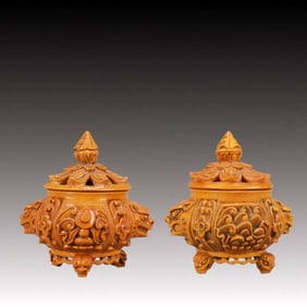 A Pair of Exquisite Boxwood Beast-Ears and Tripod Censer