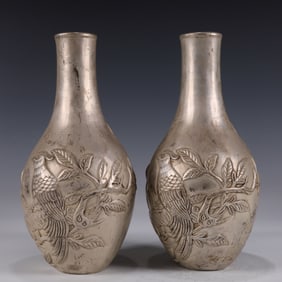 A Pair of Exquisite Silver-plated Flower and Bird Pattern Vases