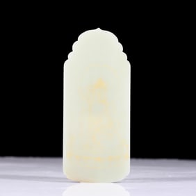 An exquisite white jade plaque depicting the image of Gautama Buddha in gold with poetry.