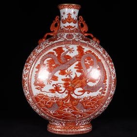 A Huge Iron-Red Painted Gold Fish and Dragon Pattern Double-Ears Vase