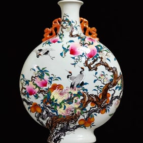 A Huge Enamel Crane and Fruit Pattern Dragon-Ears Vase