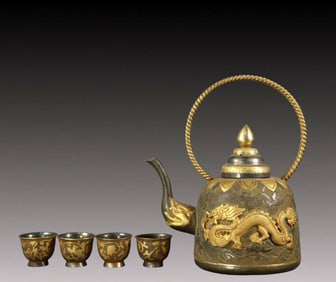 A Set of Exquisite Gilt Bronze Dragon Pattern Teapot, With Base
