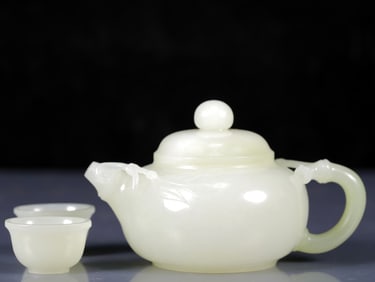 A Set of Fine White Jade Bamboo Pattern Teapot ,with two small cups