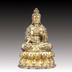 A Rare Gilt Silver Statue of Avalokitesvara,Inlaid Turquoise