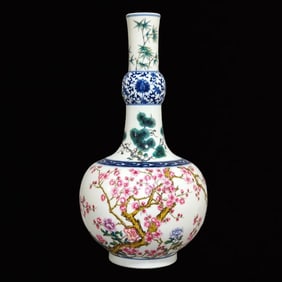 A Precious Blue and White Famille-Rose Pine, Bamboo and Plum Blossom Pattern Vase