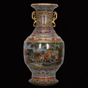 A Huge Enamel Painted Gold The twelve Chinese zodiac signs Pattern Dragon-Ears Vase