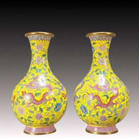 A Pair of Exquisite Painted Enamel Flower and Dragon Pattern Vases