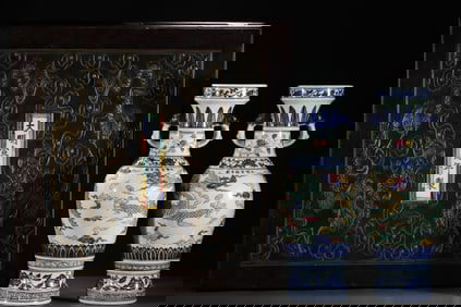 A Pair of Huge Blue and White Wucai Auspicious Cloud and Dragon Pattern Elephant-Ears Vases
