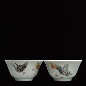 A Pair of Exquisite Enamel Flower and Butterfly Pattern Cups
