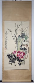 A Chinese Vertical Scroll Ink Painting of Flower on Paper,Wang Geyi