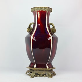 An Exquisite Flambe Glazed Inlaid Bronze Pomegranate Double-Ears Vase