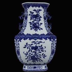 A Huge Blue and White Flower and Fruit Pattern Double-Ears Vase