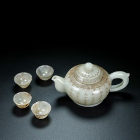 A Set of Exquisite White Jade Poem Teapots