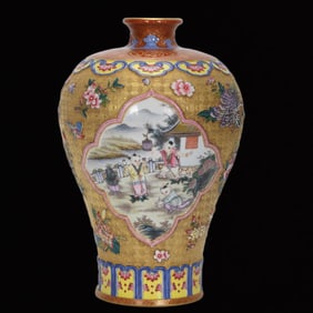 A Rare Enamel Painted Gold Gold Ground Flower and Figure Pattern Vase