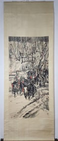 A Chinese Vertical Scroll Ink Painting of Figure and Buffalo on Paper,Du Ziling