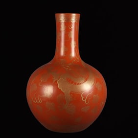 A Rare Iron-Red Painted Gold Auspicious Cloud and Dragon Pattern Vase