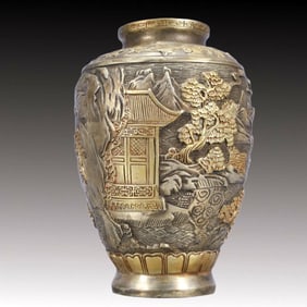 A Rare Gilt Silver Landscape Pattern Vase