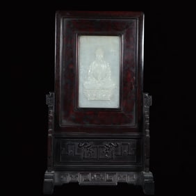 An Exquisite Zitanwood Inlaid White Jade Avalokitesvara Pattern Table Screen,With Poem