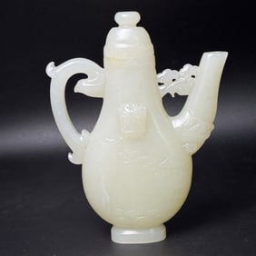 An Exquisite White Jade Landscape and Figure Pattern Ewer