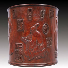 An Exquisite Huanghuali wood Figure Pattern Brush Pot