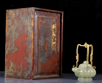 An Exquisite Greenish Jade Sheep Pattern Ewer with Gilt Bronze Handle