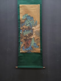 A Chinese Vertical Scroll Ink Painting of Landscape and Figure on Silk,Zhao Boju