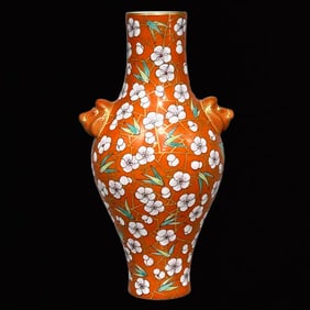 A Exquisite Iron-Red Painted Gold Plum Blossom Pattern Double-Ears Vase